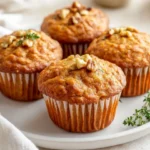 Freshly Baked Healthy Carrot Muffins On A White Plate, Garnished With Walnuts And Thyme Sprigs