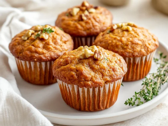 Freshly Baked Healthy Carrot Muffins On A White Plate, Garnished With Walnuts And Thyme Sprigs