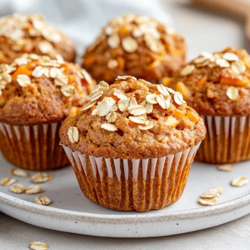 Healthy Carrot Muffins Packed With Flavor &Amp; Nutrition 2 Freshly Baked Healthy Carrot Muffins On A White Plate, Garnished With Oats, Showcasing Their Moist Texture.
