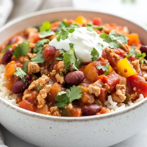 Healthy Chicken Chili Recipe Packed With Flavor &Amp; Nutrition 2 Bowl Of Healthy Chicken Chili Topped With Greek Yogurt And Cilantro Over Brown Rice On A White Table.