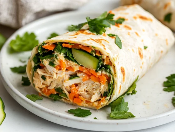 Healthy Chicken Wrap Recipe: Easy, Delicious &Amp; Gluten-Free 2 Healthy Chicken Wrap On A White Plate, Filled With Grated Vegetables And Chicken, Garnished With Parsley