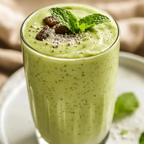 Healthy Mint Smoothie In A Glass Garnished With Mint And Dates, Served On A White Plate With A Kitchen Towel