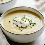 Bowl Of Healthy Potato Leek Soup Topped With Sour Cream And Chives On A Clean Surface