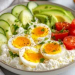 High Protein Eggs Breakfast Bowl With Cottage Cheese, Avocado, And Hard-Boiled Eggs Garnished With Sweet Chili Sauce.