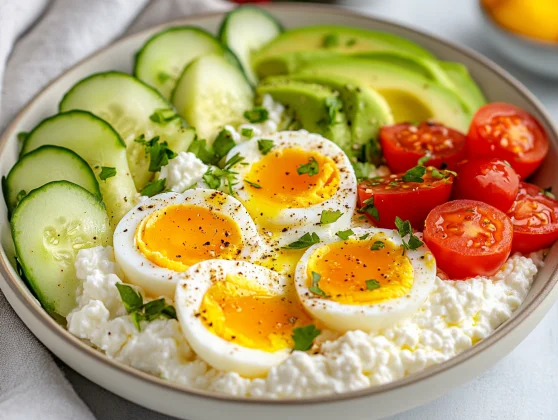 High Protein Eggs Breakfast Bowl: Quick, Nutritious &Amp; Delicious 2 High Protein Eggs Breakfast Bowl With Cottage Cheese, Avocado, And Hard-Boiled Eggs Garnished With Sweet Chili Sauce.
