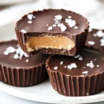 Homemade Almond Butter Cups On A White Plate, Topped With A Sprinkle Of Sea Salt And Showcasing Creamy Texture.