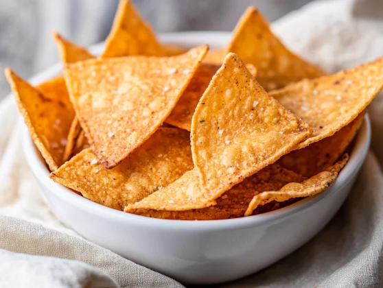 Homemade Tortilla Chips: Crispy, Healthy, And Easy To Make 2 Bowl Of Homemade Tortilla Chips Seasoned With Chipotle, Served With A Beige Kitchen Towel On A Neutral Background