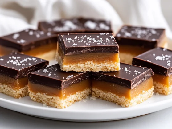 Homemade Twix Bars: The Best Recipe For A Healthier Treat 2 Homemade Twix Bars On A White Platter, Showing Layers Of Caramel And Chocolate, Garnished With Flaky Sea Salt