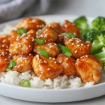 Honey Garlic Chicken Dinner Served On A White Plate With Broccoli, Garnished With Sesame Seeds And Green Onions