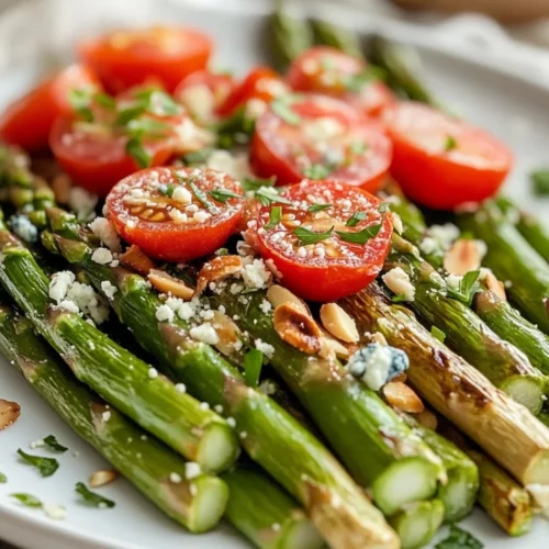 How To Cook Asparagus With Tomatoes: A Fresh &Amp; Healthy Side Dish 2 How To Cook Asparagus With Tomatoes On A White Plate Garnished With Toasted Almonds And Crumbled Blue Cheese