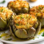 Delicious How To Cook Stuffed Artichokes On A White Plate, Filled With Cheesy Breadcrumbs And Garnished With Parsley