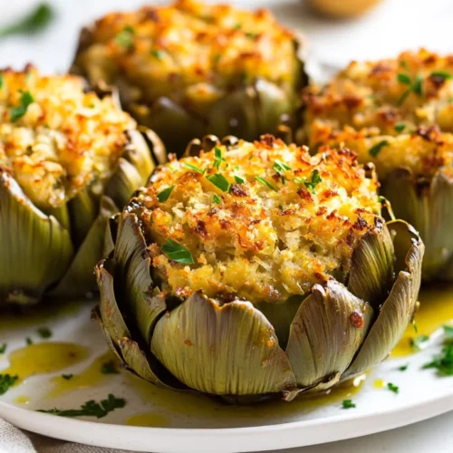 How To Cook Stuffed Artichokes: Healthy, Delicious &Amp; Easy Recipe 2 Delicious How To Cook Stuffed Artichokes On A White Plate, Filled With Cheesy Breadcrumbs And Garnished With Parsley