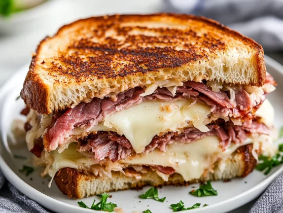 How To Make A Reuben Sandwich: The Best Homemade Recipe 2 How To Make A Reuben Sandwich With Melted Swiss Cheese And Corned Beef On A White Plate Garnished With Parsley