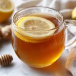 How To Make Ginger Tea In A Clear Cup With Fresh Ginger Slices, Lemon Wedge, And Honey On A White Saucer