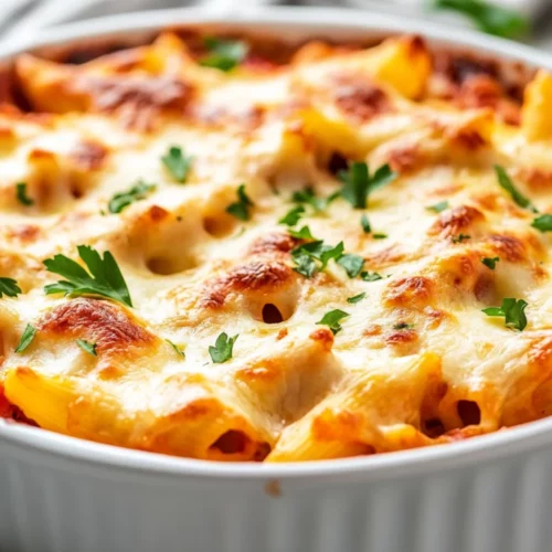 Bubbling Italian Pasta Bake In A White Dish, Topped With Melted Cheese And Garnished With Parsley