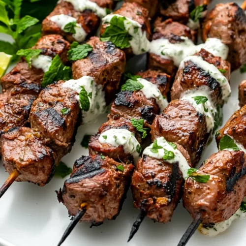 Lamb Skewers With Mint Sauce: A Healthy, Flavor-Packed Dish 2 Grilled Lamb Skewers With Mint Sauce On A White Plate, Garnished With Fresh Mint And Lime Wedges.