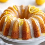 Moist Lemon Bundt Cake On A White Plate Drizzled With Glaze And Garnished With Lemon Zest