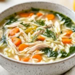 Bowl Of Lemon Chicken Orzo Soup Topped With Fresh Dill And Lemon Zest, Sitting On A White Plate