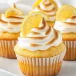 Lemon Meringue Cupcakes Topped With Toasted Meringue And Garnished With Lemon Slices On A White Plate