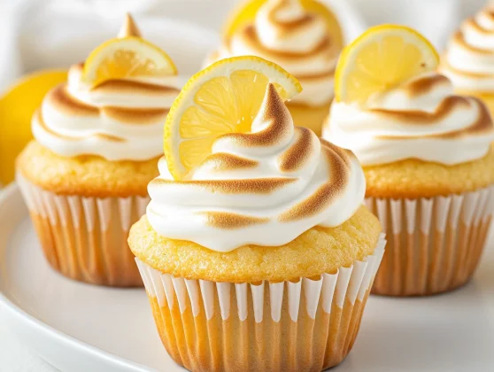 Irresistible Lemon Meringue Cupcakes Recipe | Light &Amp; Easy Treats 2 Lemon Meringue Cupcakes Topped With Toasted Meringue And Garnished With Lemon Slices On A White Plate