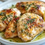 Juicy Lemon Thyme Chicken On A White Plate Garnished With Fresh Thyme And Lemon Wedges, Served With A Glossy Sauce.