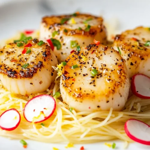 Lemony Scallops With Angel Hair Pasta – Healthy &Amp; Flavorful Dinner 2 Lemony Scallops With Angel Hair Pasta Topped With Sliced Radishes And Green Onions On A White Plate