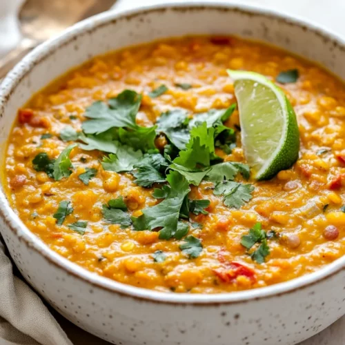 Bowl Of Lentil Curry Garnished With Fresh Cilantro And Lime, Showcasing Creamy Texture And Vibrant Color