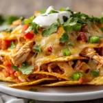 Loaded Chicken Nachos On A White Plate Topped With Melted Cheese, Cilantro, And Served With Sour Cream