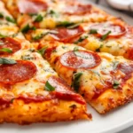Golden Low Carb Chicken Pizza Topped With Melted Cheese And Pepperoni On A White Plate, Garnished With Basil.