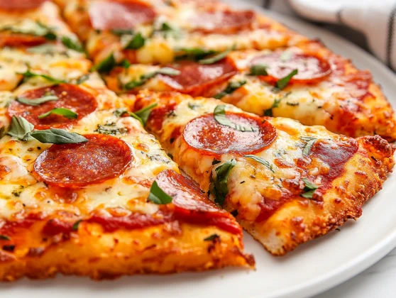Low Carb Chicken Pizza Recipe: Easy, Healthy &Amp; Delicious 2 Golden Low Carb Chicken Pizza Topped With Melted Cheese And Pepperoni On A White Plate, Garnished With Basil.
