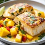 Mango Halibut Recipe On A White Plate Garnished With Cilantro And Lime Wedges