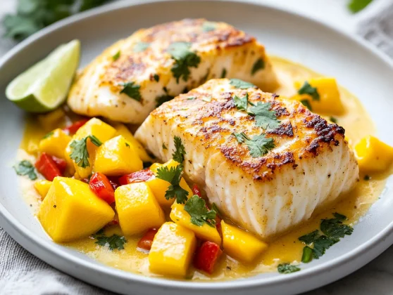 Mango Halibut Recipe On A White Plate Garnished With Cilantro And Lime Wedges