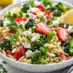 Mediterranean Orzo Pasta Salad In A White Bowl Garnished With Parsley And Lemon Wedge, Showcasing Vibrant Colors.