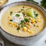 Bowl Of Mexican Street Corn Soup Topped With Sour Cream, Lime Wedges, And Cilantro On A Wooden Table