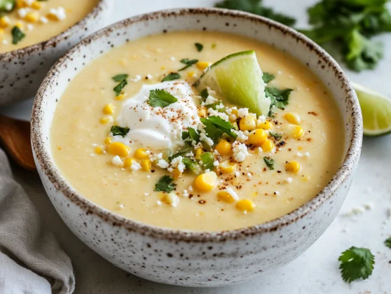 Bowl Of Mexican Street Corn Soup Topped With Sour Cream, Lime Wedges, And Cilantro On A Wooden Table