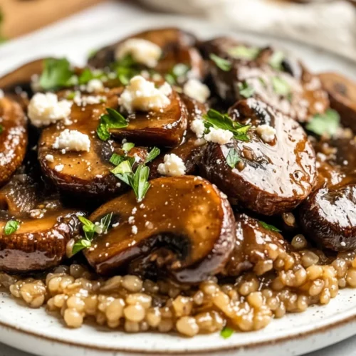 Mushroom Marsala With Barley – A Healthy, Flavorful Dinner Idea 2 Delicious Mushroom Marsala With Barley Topped With Goat Cheese On A Rustic White Plate Garnished With Parsley