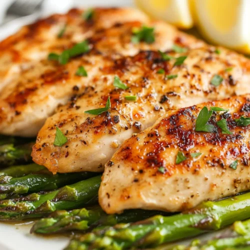 Quick One-Pan Chicken And Asparagus For A Healthy Dinner 2 One-Pan Chicken And Asparagus Served On A White Plate Garnished With Fresh Parsley And Lemon Wedges