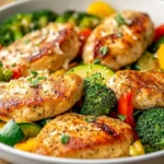 One Pan Italian Chicken Dinner With Seared Chicken And Sautéed Veggies On A White Skillet, Garnished With Parmesan