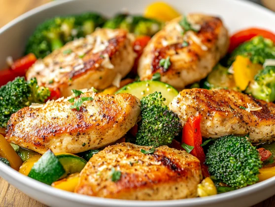 One Pan Italian Chicken Dinner: Healthy And Delicious In 30 Minutes 2 One Pan Italian Chicken Dinner With Seared Chicken And Sautéed Veggies On A White Skillet, Garnished With Parmesan