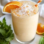 Delicious Orange Creamsicle Smoothie In A Glass With Coconut And Orange Wedge Garnish On A White Plate