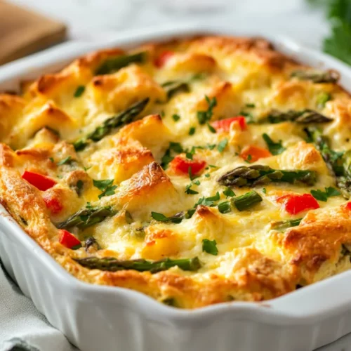 Overnight Asparagus Strata Served In A White Dish, Topped With Melted Cheese And Parsley Sprigs