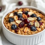 Bowl Of Overnight Baked Oatmeal Topped With Sliced Almonds And Dried Blueberries, Served On A White Plate