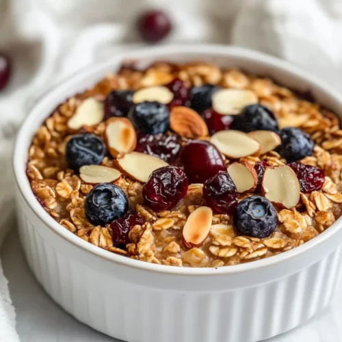 Healthy And Delicious Overnight Baked Oatmeal Recipe 2 Bowl Of Overnight Baked Oatmeal Topped With Sliced Almonds And Dried Blueberries, Served On A White Plate