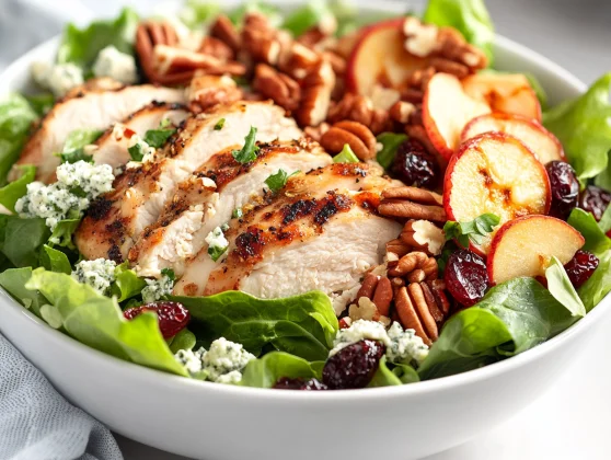Bright Panera Fuji Apple Salad In A White Bowl With Rotisserie Chicken, Apple Chips, And Fresh Herbs.