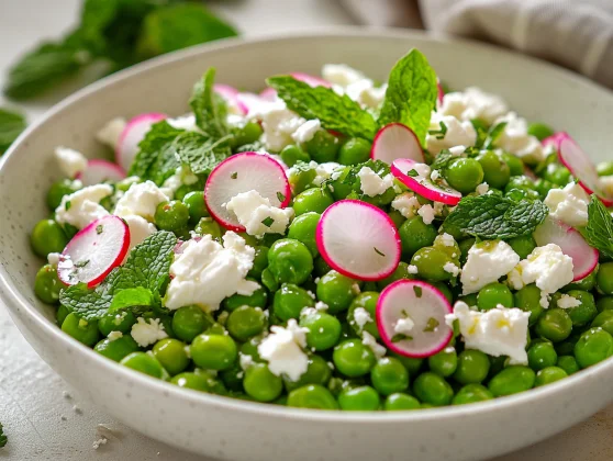 Fresh And Flavorful Pea Salad With Feta And Mint Recipe 2 Pea Salad With Feta And Mint In A White Bowl, Garnished With Fresh Herbs And Drizzled With Olive Oil