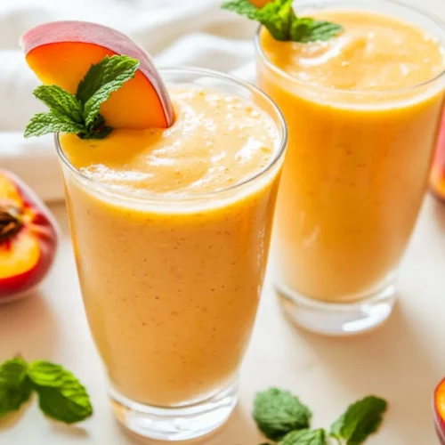 Chilled Peach Smoothie In Clear Glasses Garnished With Peach Slices And Mint Leaves.