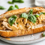 Peanut Butter Chicken Sandwich On A Rustic White Plate, Garnished With Fresh Basil And Olive Oil Drizzle
