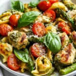 Bowl Of Colorful Pesto Chicken Tortellini With Chicken, Asparagus, And Cherry Tomatoes, Garnished With Fresh Basil