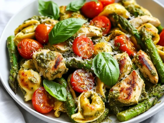Pesto Chicken Tortellini: A Quick, Healthy Dinner Idea 2 Bowl Of Colorful Pesto Chicken Tortellini With Chicken, Asparagus, And Cherry Tomatoes, Garnished With Fresh Basil