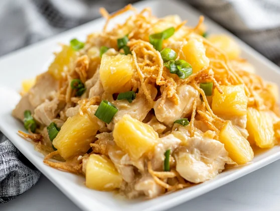 Pineapple Chicken Casserole Served On A White Plate, Topped With Crispy Noodles And Fresh Green Onions